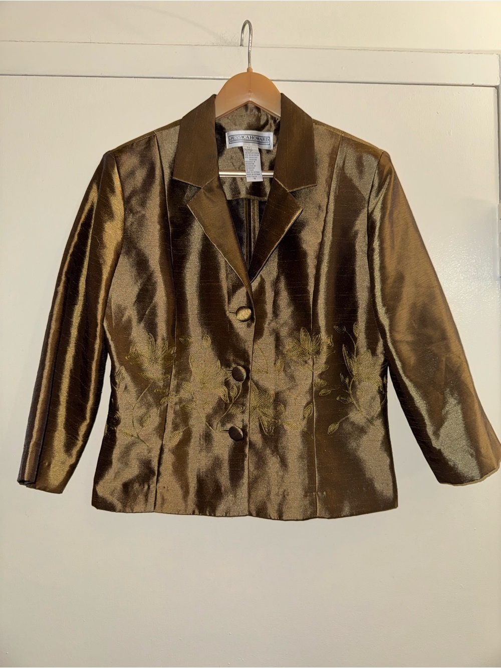 Jessica Howard vintage metallic sheen bronze blazer embroidered floral details